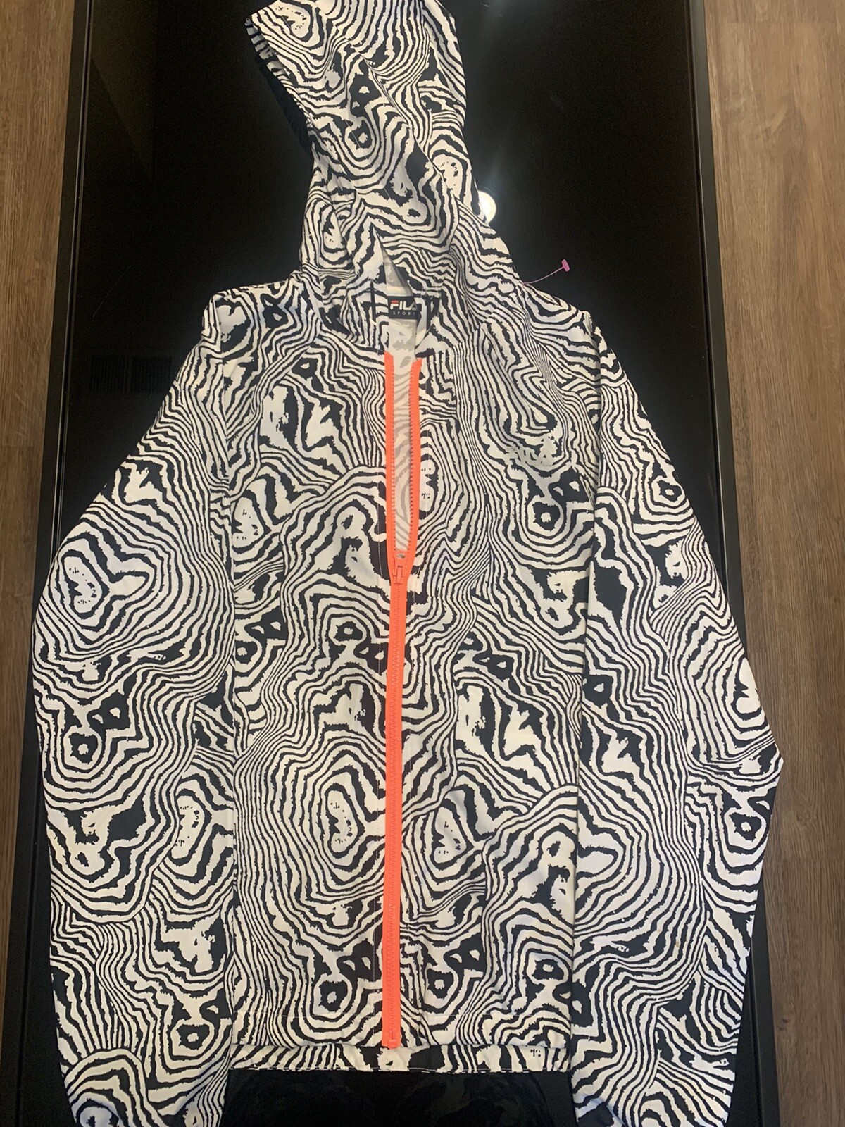 FILA Sport Giacca Bambina Bianco Nero Astratto Manica Lunga Felpa con Cappuccio Cerniera XS