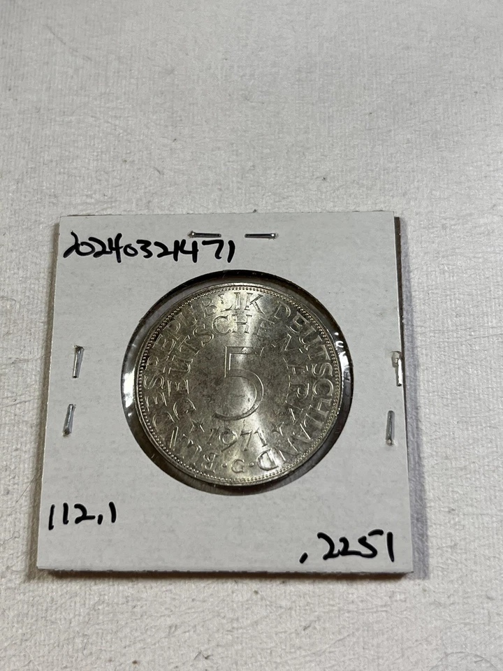 Moneda de plata de 5 marcos Alemania 1971-G limpia Foto 4 de 4