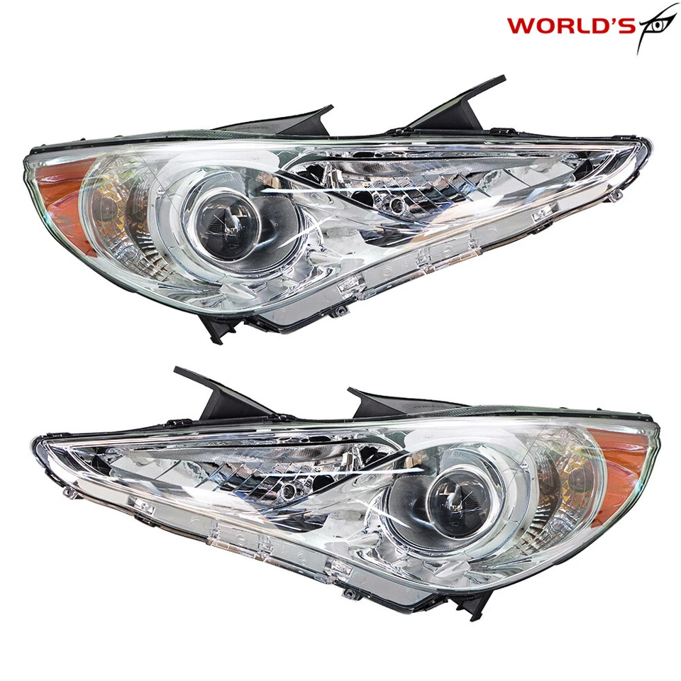 For Hyundai Sonata 2011-2014 Chrome Housing Amber Corner Halogen Headlights Pair - Image 3 of 4