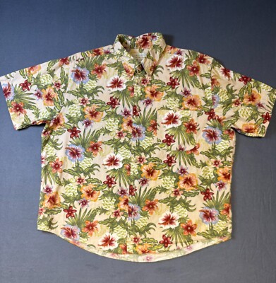 Crossings Shirt Mens Extra Large Beige Floral Hibiscus Pineapple Plumeria Cotton