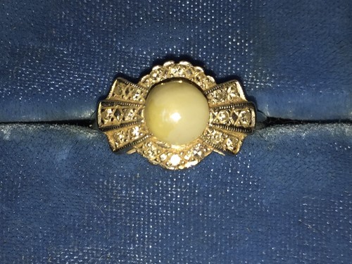 Samuel Platzer 14k White Gold 18 Diamond Pearl Ring Size 6 Vtg Art Deco Bowtie