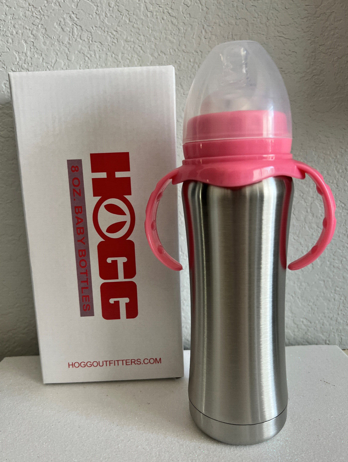 8oz Baby Bottle PINK Trim with handles Stainless Steel Tumbl