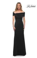 LA FEMME Black Ruched Off the Shoulder Sateen Bodycon Mermaid Maxi Gown Dress 10
