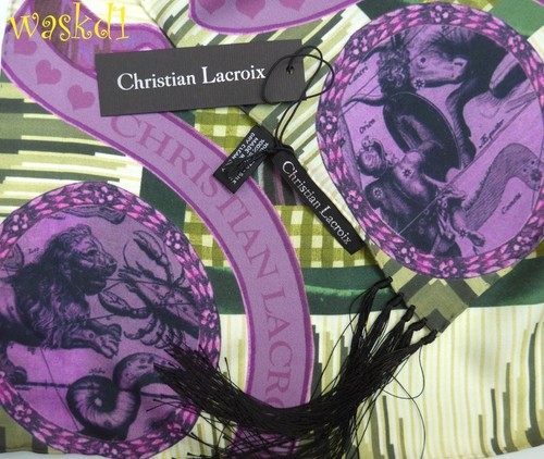 CHRISTIAN LACROIX purple ANGELS Celestial TASSELS silk scarf bandana NWT Authent - Picture 3 of 3