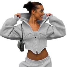Women  s Grey Cropped Corset Hoodie   Streetwear Cinched Waist Zip  Up Sweatshirt