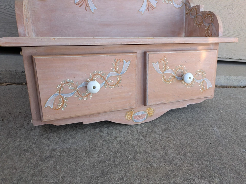 Vintage Cottage Boho Shabby Chic Pink Hand Painted Wall Shelf Curio Drawers J43 - Image 3 of 4