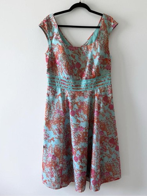 #ad eShakti Custom Aqua Coral Floral Fit amp; Flare Midi Dress Womens Sleeveless $50.00