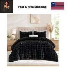 Black Comforter Set Queen - Luxurious Faux Fur Comforter for Winter, Fluffy C...