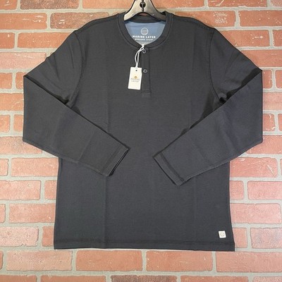 Marine Layer Sport Waffle 2.0 Henley Mens M/L Marge Moonless Night Black $84 NWT