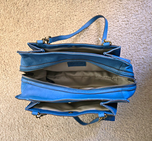 American Leather Co. Blue Satchel Shoulder Bag Zip Top Detachable Strap Gold
