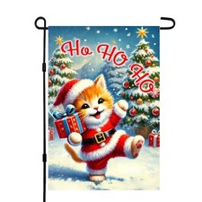 Ho Ho Ho Christmas Garden Flag 12x18 Inch Cute Orange Cat in Colorful Flag 08