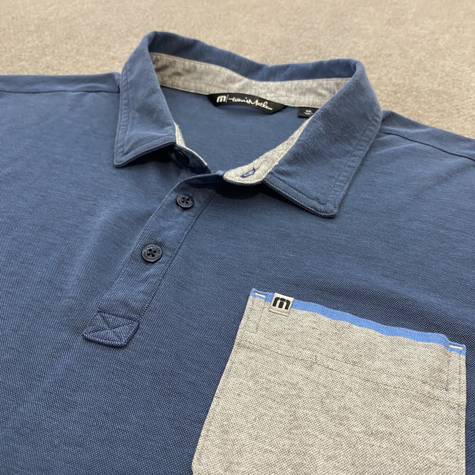 Travis Mathew Polo Shirt Mens 2XL Blue Gray Pocket Performance Golf Casual XXL