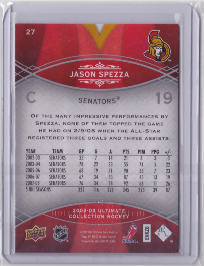 2008-09 UD ULTIMATE COLLECTION BASE CARD /299 JASON SPEZZA #27 OTTAWA SENATORS - Image 2 of 2