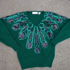 Vintage Priscilla Angora Lambswool Hand Beaded Sequin Oversized V-Neck Sweater