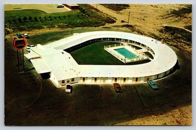 Swift Current Saskatchewan Horseshoe Lodge Motel Pool Aerial View Postcard SK