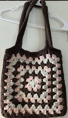 Chic Granny Square Handmade Crochet Shoulder Hand Bag Purse Soft Brown