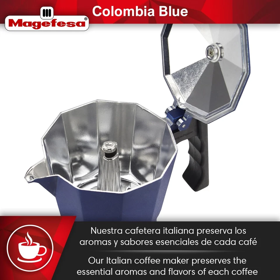 Olla moka espresso con estufa azul Colombia, 6 tazas/10 oz, cafetera italiana para... Foto 4 de 4