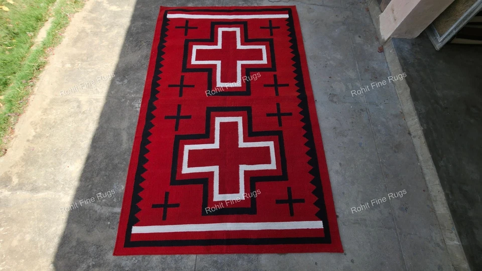 5x8 Ft Handwoven red wool Navajo rug Southwestern Pattern Native American Rug - Image 3 of 4