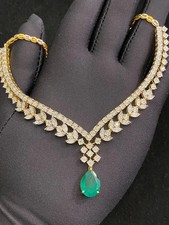 Pave Round Brilliant Cut Natural Diamonds Emerald Necklace In 14K Gold V Shape