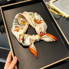 100 Silk Scarf Women White Orange Flowers Kerchief Small Square Bandana 53 53cm