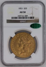 1853 Liberty Double Eagle Type 1 $20 NGC AU50 (CAC)
