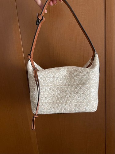 LOEWE Cubi Bag Canvas Cream Leather Handle Zipper Logo