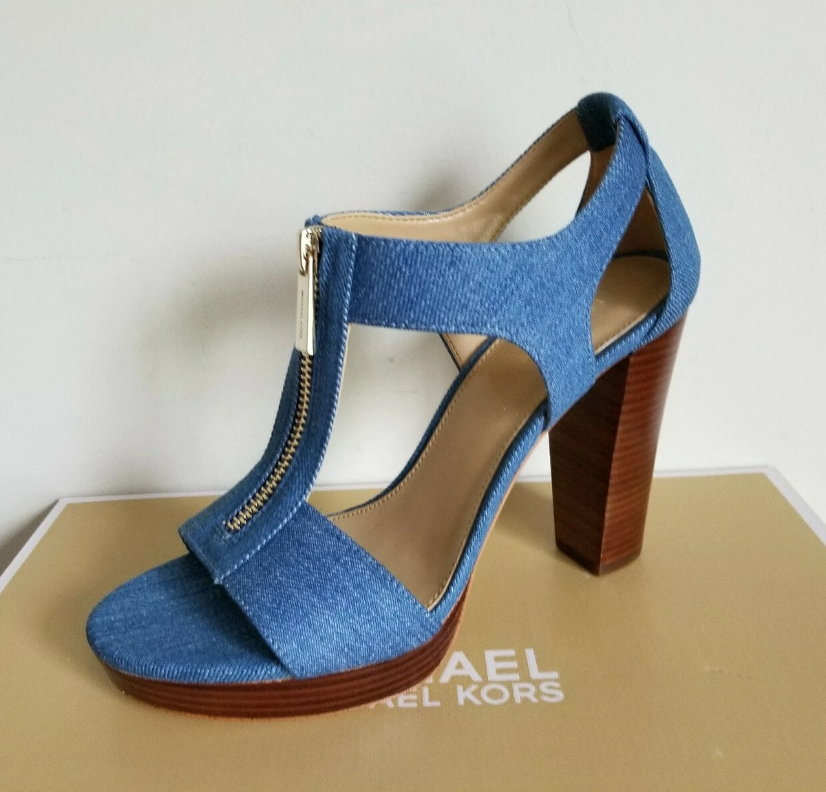 Michael KORS BERKLEY DENIM PLATFORM T STRAP GOLD LOGO ZIPPER