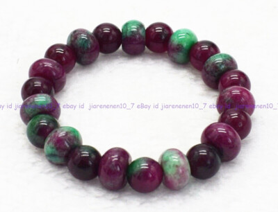 Natural 10mm Red Gems In Zoisite Round Beads & Roundelle Beads Bracelet 7.5 In