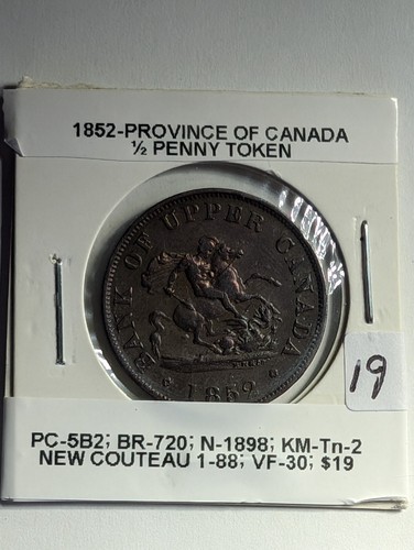 1852 CANADA COLONIAL QUEBEC BANK TOKEN 1/2 PENNY; PC-5B2: BR-720; VF-30 IMO