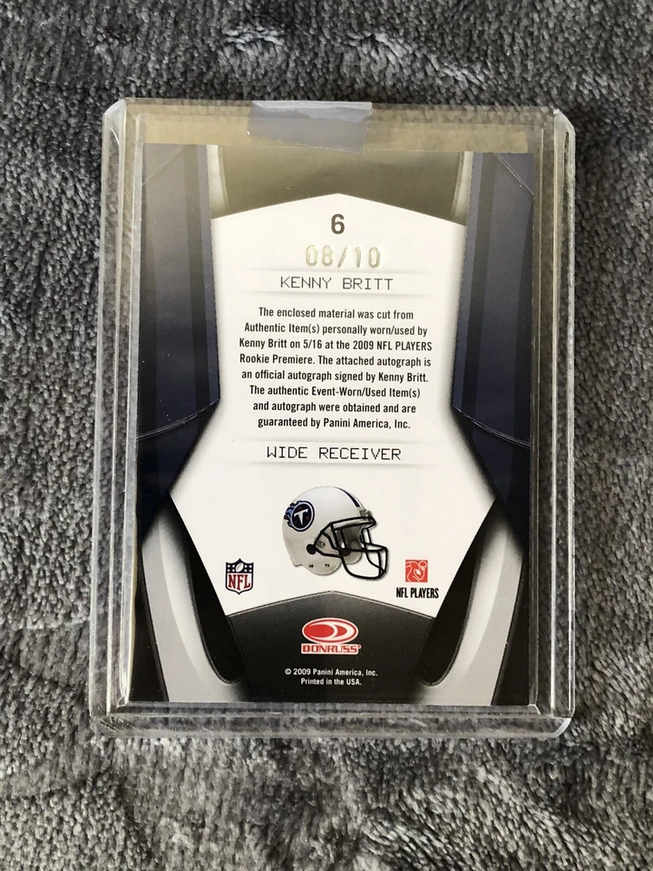 2009 Donruss Gridiron Gear Jerseys Prime Signatures /10 Kenny Britt Rookie Auto - Image 2 of 3