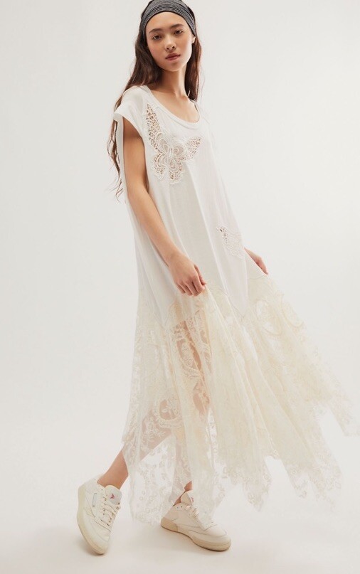 Free People Tricia Fix Butterfly Lace Cutwork Maxi Tee Top L