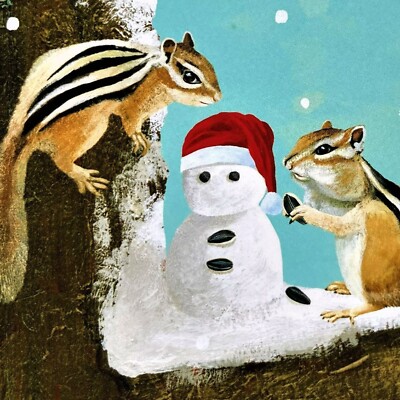 *ONE* Chipmunk Squirrel Snowman Christmas Holiday Card Funny Cute Critters 1