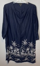 Talbots Linen Dress Medium Blue Headed Embroidered Palm Trees Beach Tropical
