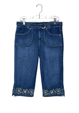 VTG Crop Denim Pants Capris Blue Embroidered Belted Flowers Pull On Boho 10P 30"
