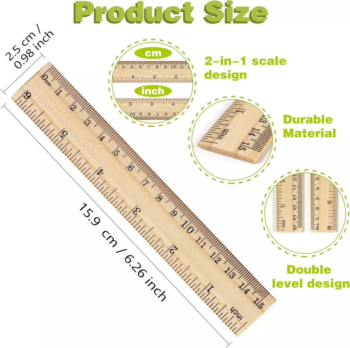 3 Pack Wooden Ruler 6 Inch Rulers Bulk Wood Measuring Ruler for Students Office
