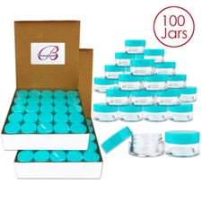 Beauticom® 5G/5ML (100 PCS) HQ Round Clear Plastic Refillable Jars w/Teal Lids