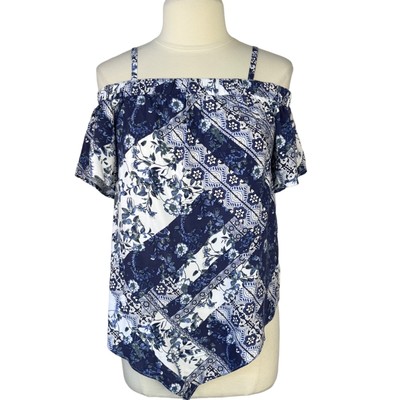 BCX Womens Shirt Off Shoulders Adjustable Straps White Blue Size Small New