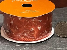 Halloween Ribbon Orange w White Skeletons Wire Edge Roll B 1.5 in X 4 yards A63