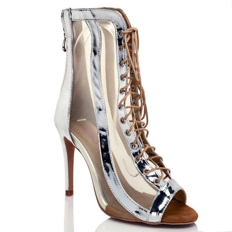 Sandalias al tobillo de malla con cordones y puntera abierta para mujer