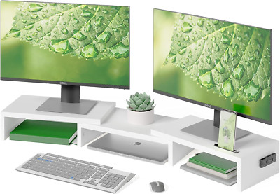 Dual Monitor Stand Riser - Adjustable Ergonomic Wooden Desktop Organizer (WHITE)