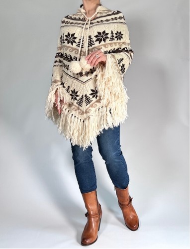 J.Crew Womans Poncho Wool Retro Vintage One Size Off-White Tan Brown Hood - Picture 8 of 12