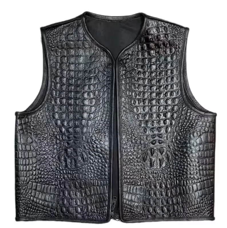 New Handmade Black Crocodile , Alligator Printed SheepSkin Leather Vest Jacket