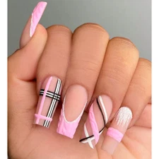3-D MATTE *PINK PLAID SWEATER* Full Cover Square 24 Nail Tips Press On Glue Set!