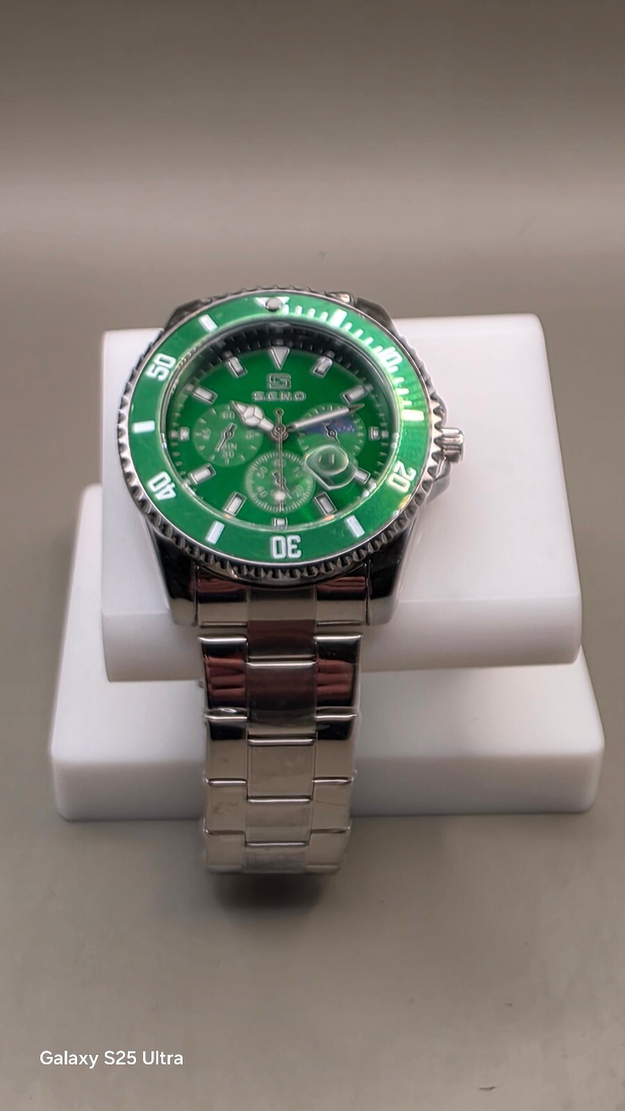 Seno Stainless Steel Watch with Green Dial and Bezel