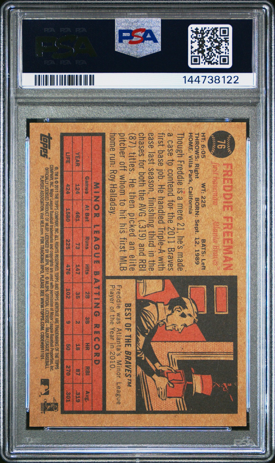 2011 TOPPS HERITAGE #76 FREDDIE FREEMAN ROOKIE RC PSA 7 view 2