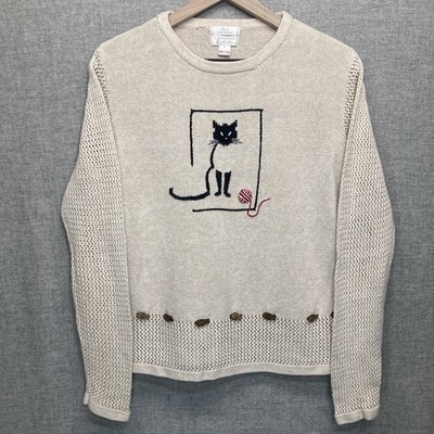 VTG Y2K Christopher & Banks Cat Sweater Women s M Ivory Ramie Cotton Fish Detail