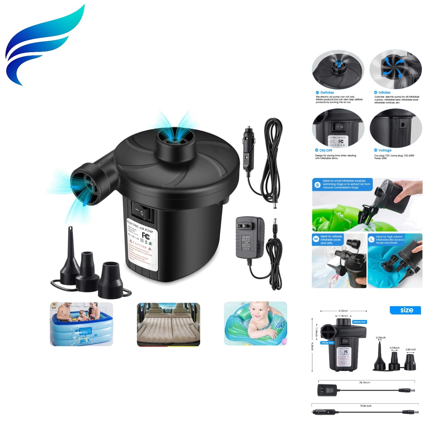 Air Pump for Air Mattress, Air Mattress Pump for Inflatables, Quick Fill Infl...