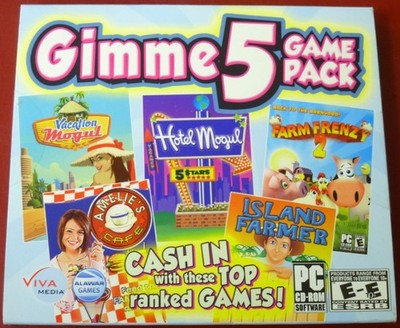 Video Game PC Gimme 5 Game Pack Vacation Hotel Mogul Island Farmer Farm Frenzy 2
