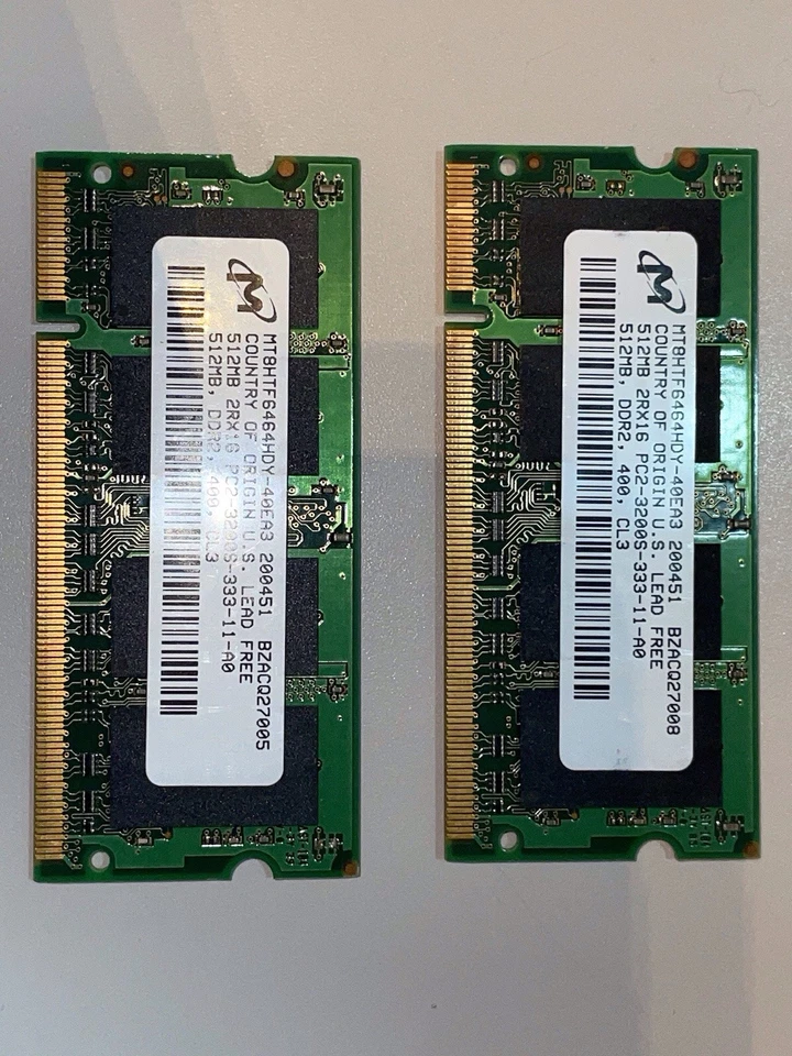 MICRON  512MB 2RX16 PC-2-3200s DDR2-400 SODIMM x2 (1GB Total) Laptop Memory/RAM - Image 2 of 4