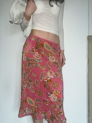 100% Silk W. Pink Paisley Women s Midi Skirt Sequin Detail 30  Waist
